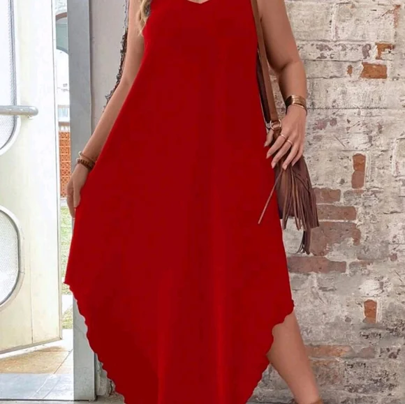 NEW Casual Stretch Knit Cami T Shirt Dress PLUS Midi Relaxed Fit Red - Picture 5 of 7